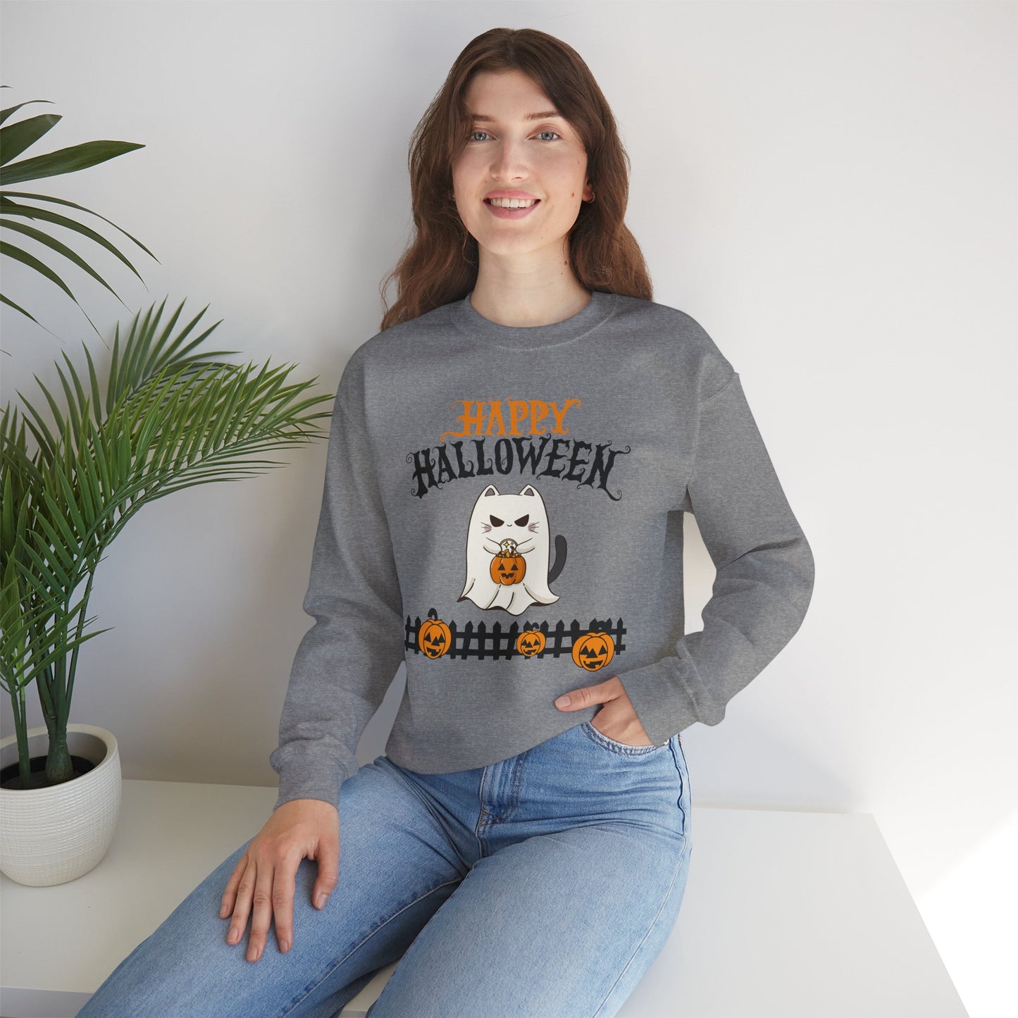 Halloween Cat Crewneck Sweatshirt, Cozy Fall Style, Unisex, Pumpkins, Cute Cat