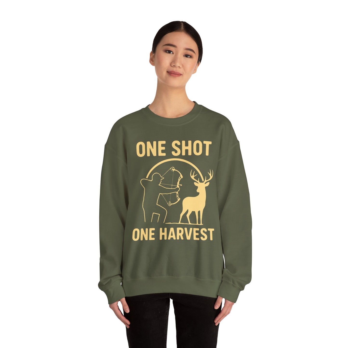 Hunting-Themed Crewneck Sweatshirt, Outdoor Apparel, Gift for Hunters, Fall Fashion, Men's Sweatshirt, One Shot One Harvest