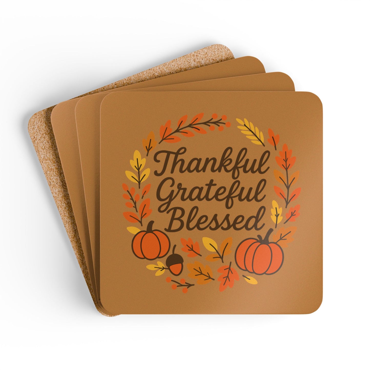 Thankful Grateful Blessed Corkwood Coaster Set | Thanksgiving Decor, Rustic Kitchen Decor, Fall Coasters, Home Gifts