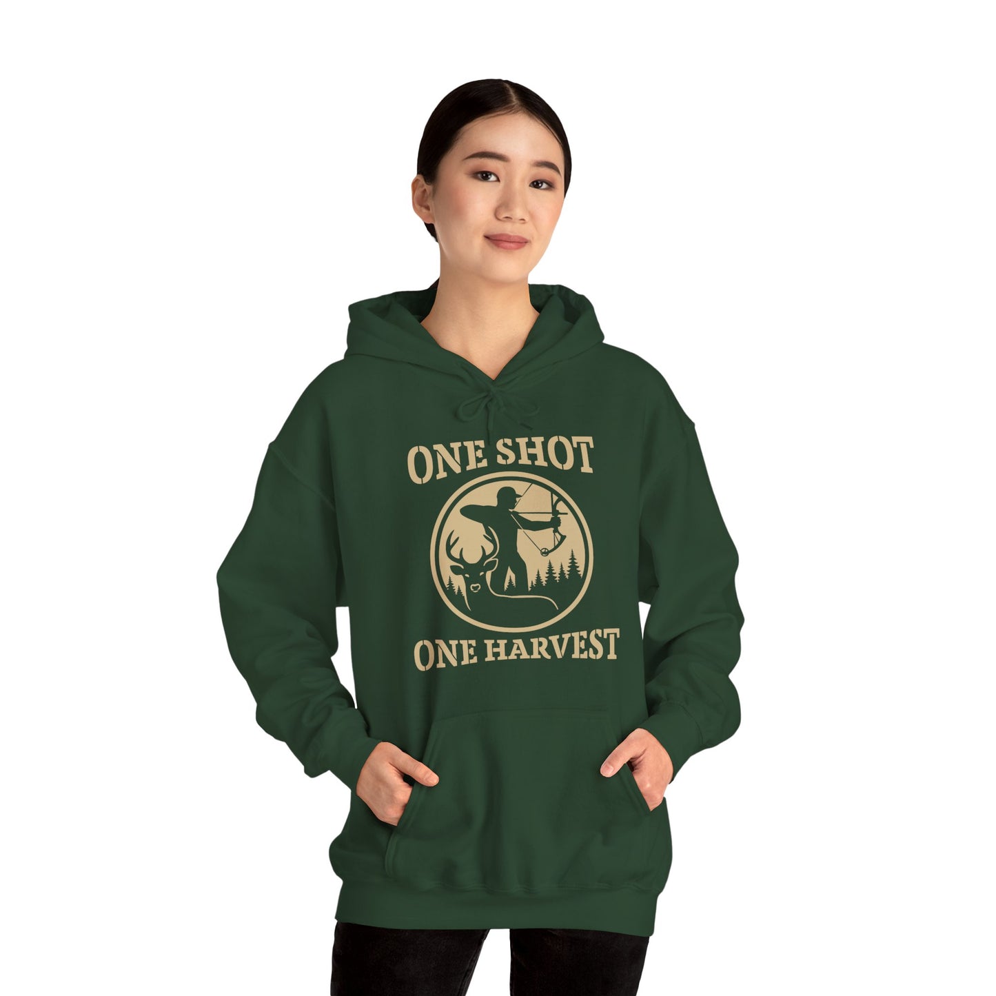 Hunting Themed Unisex Hoodie, Perfect for Bow Hunters, Fall Gatherings, Gifts, Cozy Layering, One Shot One Harvest Design