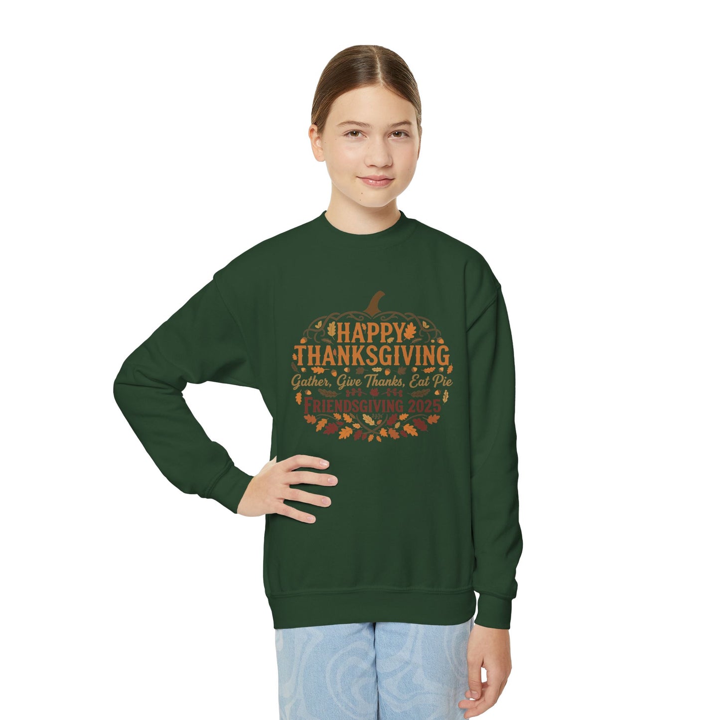 Happy Thanksgiving Youth Crewneck Sweatshirt, Fall Apparel, Pumpkin Design, Cozy Gift, Friendsgiving 2025