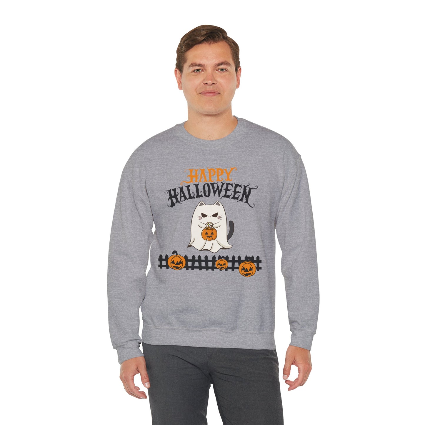 Halloween Cat Crewneck Sweatshirt, Cozy Fall Style, Unisex, Pumpkins, Cute Cat