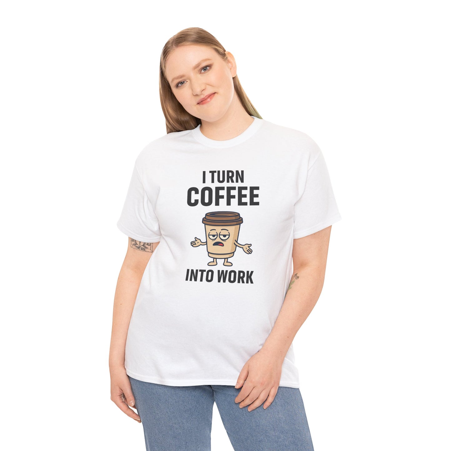I Turn Coffee Into Work Tee, Funny Coffee Lover T-Shirt, Great for Office Wear, Gift for Coffee Addicts, Casual Wear