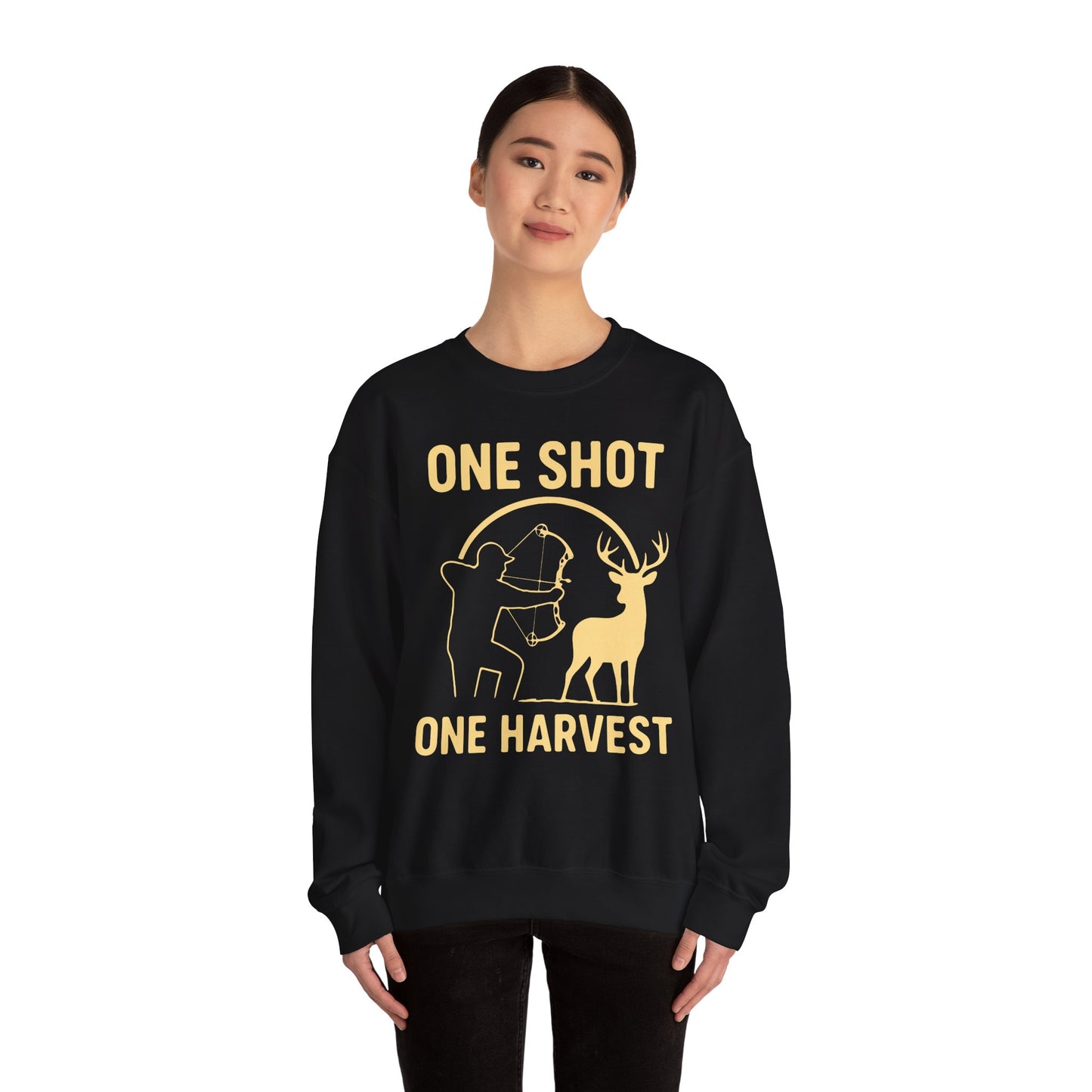 Hunting-Themed Crewneck Sweatshirt, Outdoor Apparel, Gift for Hunters, Fall Fashion, Men's Sweatshirt, One Shot One Harvest