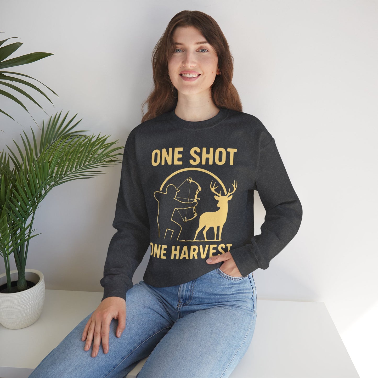 Hunting-Themed Crewneck Sweatshirt, Outdoor Apparel, Gift for Hunters, Fall Fashion, Men's Sweatshirt, One Shot One Harvest
