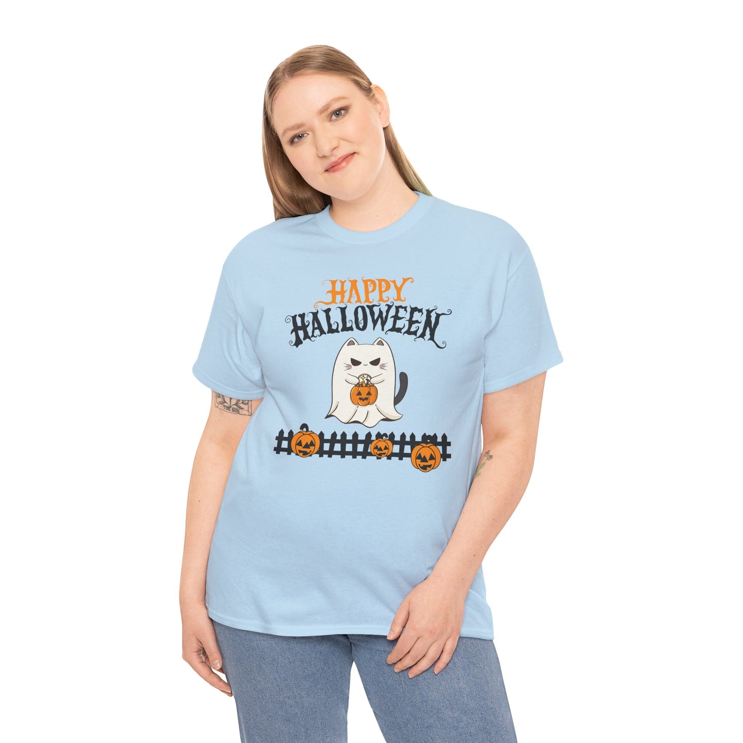 Halloween Cat Heavy Cotton Tee, Unisex, Spooky Fall Apparel, Cat Lover Shirt