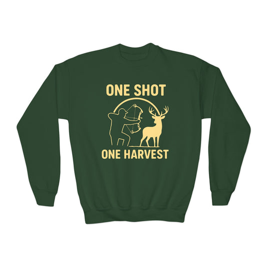 Youth Hunting Sweatshirt - One Shot One Harvest, Kids Outdoor Apparel, Fall Season Gift, Youth Crewneck Pullover, Birthday Gift