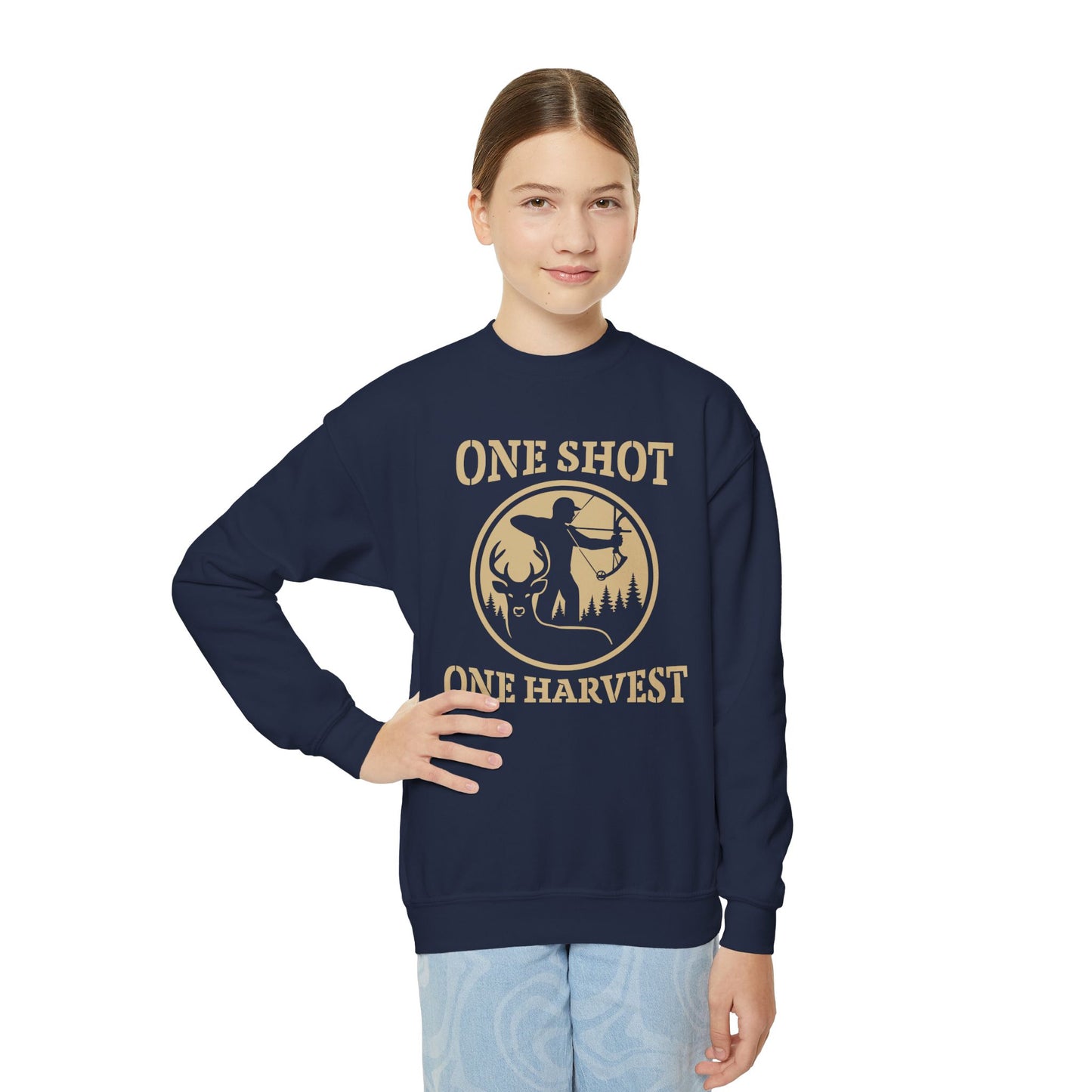 One Shot One Harvest Youth Unisex Sweatshirt | Cozy Outdoor Apparel, Perfect for Fall, Gifts for Young Hunters