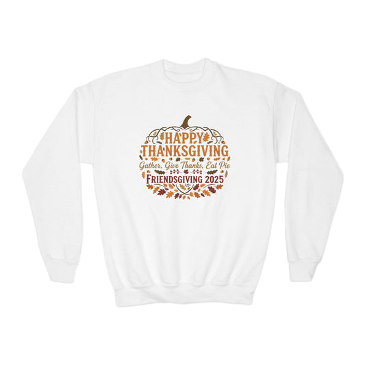 Happy Thanksgiving Youth Crewneck Sweatshirt, Fall Apparel, Pumpkin Design, Cozy Gift, Friendsgiving 2025