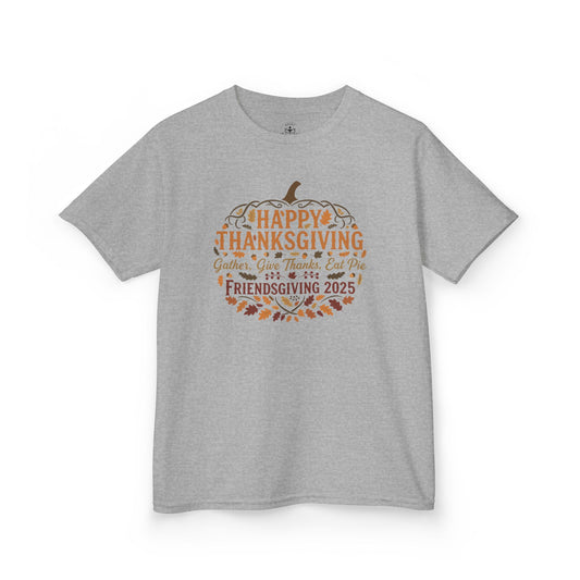 Happy Thanksgiving Friendsgiving 2025 Youth Unisex T-Shirt | Cute Thanksgiving Shirt, Fall Kids Clothing, Pumpkin Graphic Tee