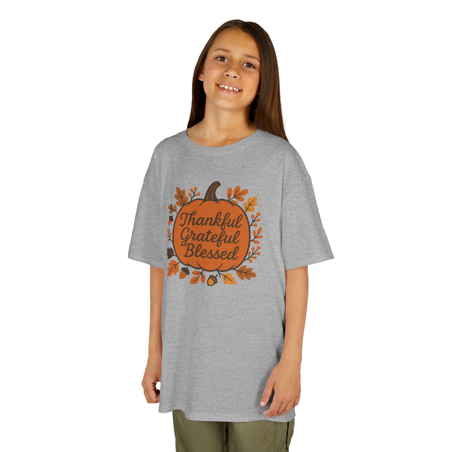 Thankful Grateful Blessed Kids Tee, Fall Shirt, Autumn Outfit, Thanksgiving Gift, Kids Cotton T-Shirt