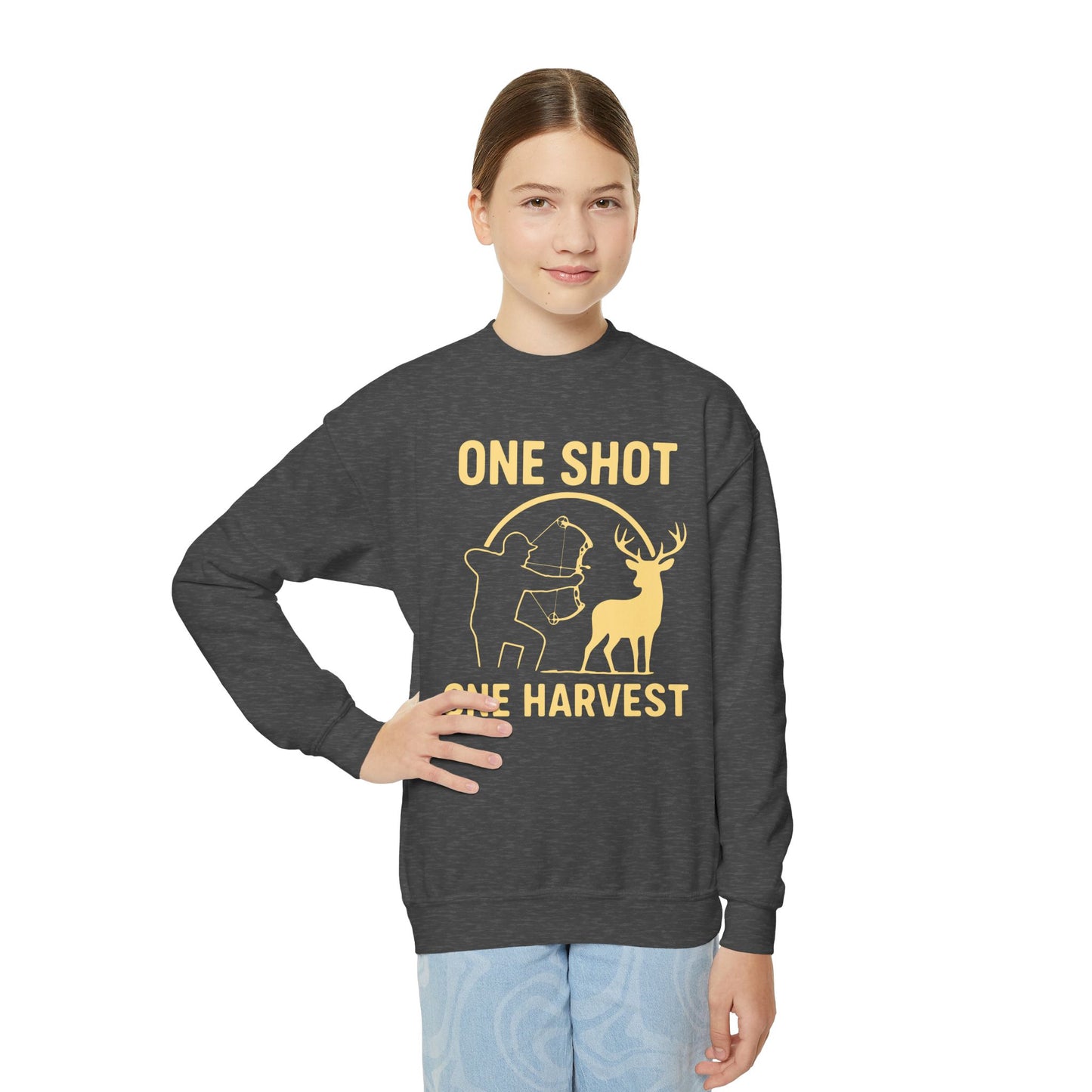 Youth Hunting Sweatshirt - One Shot One Harvest, Kids Outdoor Apparel, Fall Season Gift, Youth Crewneck Pullover, Birthday Gift