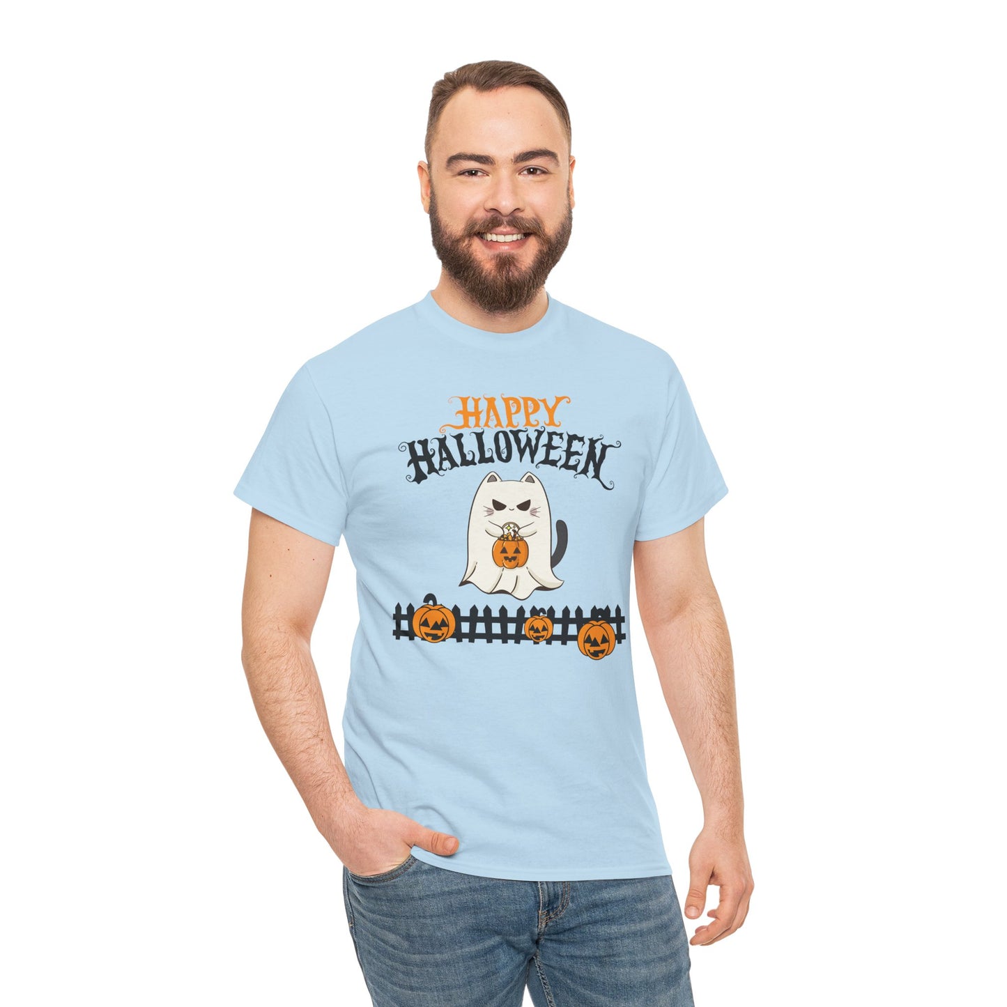 Halloween Cat Heavy Cotton Tee, Unisex, Spooky Fall Apparel, Cat Lover Shirt