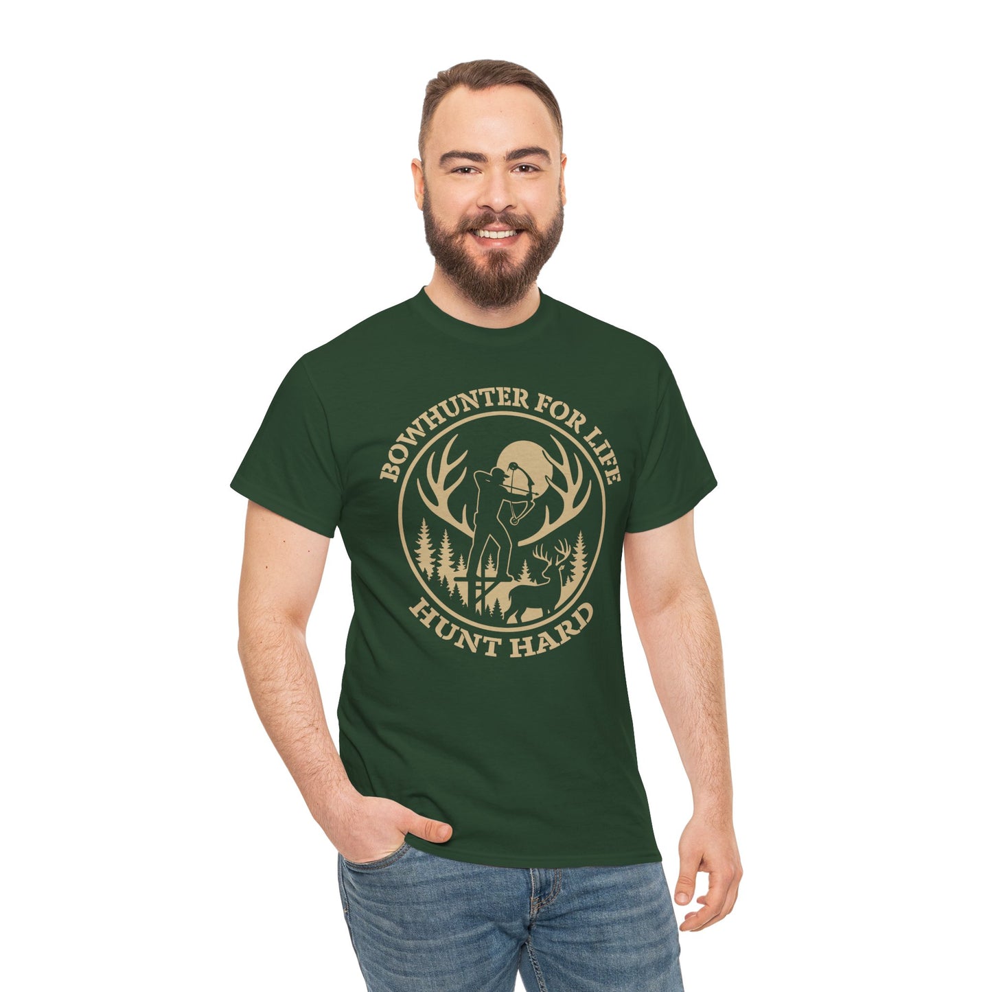 Unisex Heavy Cotton Tee featuring 'Bowhunter for Life - Hunt Hard' Graphic, Perfect for Hunters, Outdoor Enthusiasts