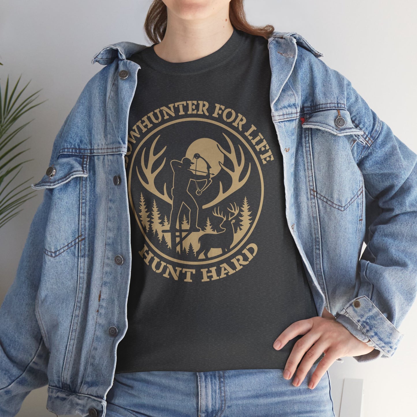 Unisex Heavy Cotton Tee featuring 'Bowhunter for Life - Hunt Hard' Graphic, Perfect for Hunters, Outdoor Enthusiasts