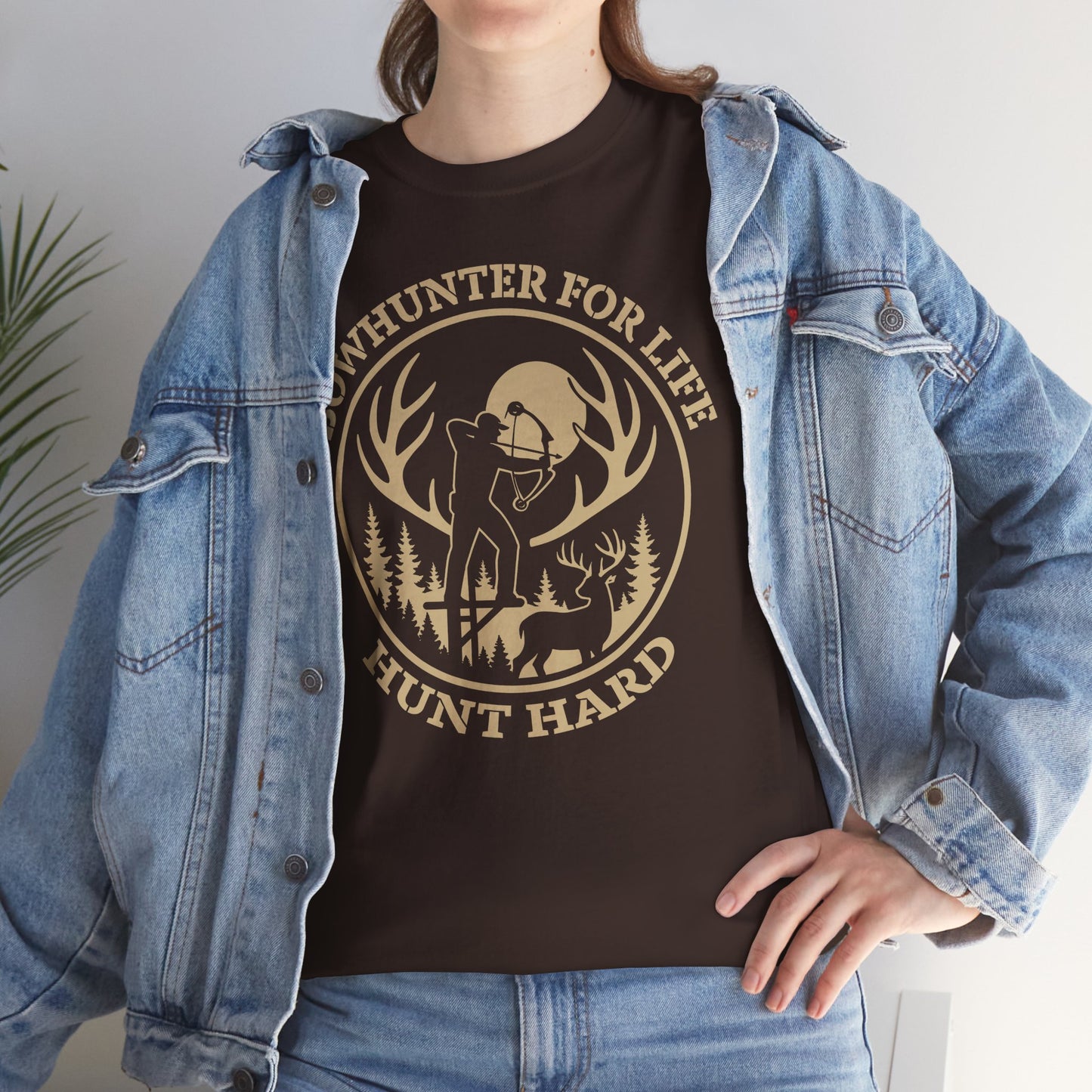Unisex Heavy Cotton Tee featuring 'Bowhunter for Life - Hunt Hard' Graphic, Perfect for Hunters, Outdoor Enthusiasts