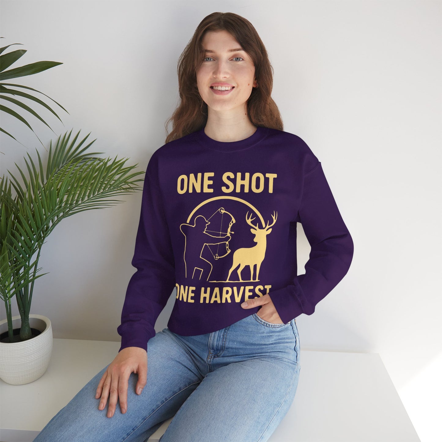 Hunting-Themed Crewneck Sweatshirt, Outdoor Apparel, Gift for Hunters, Fall Fashion, Men's Sweatshirt, One Shot One Harvest