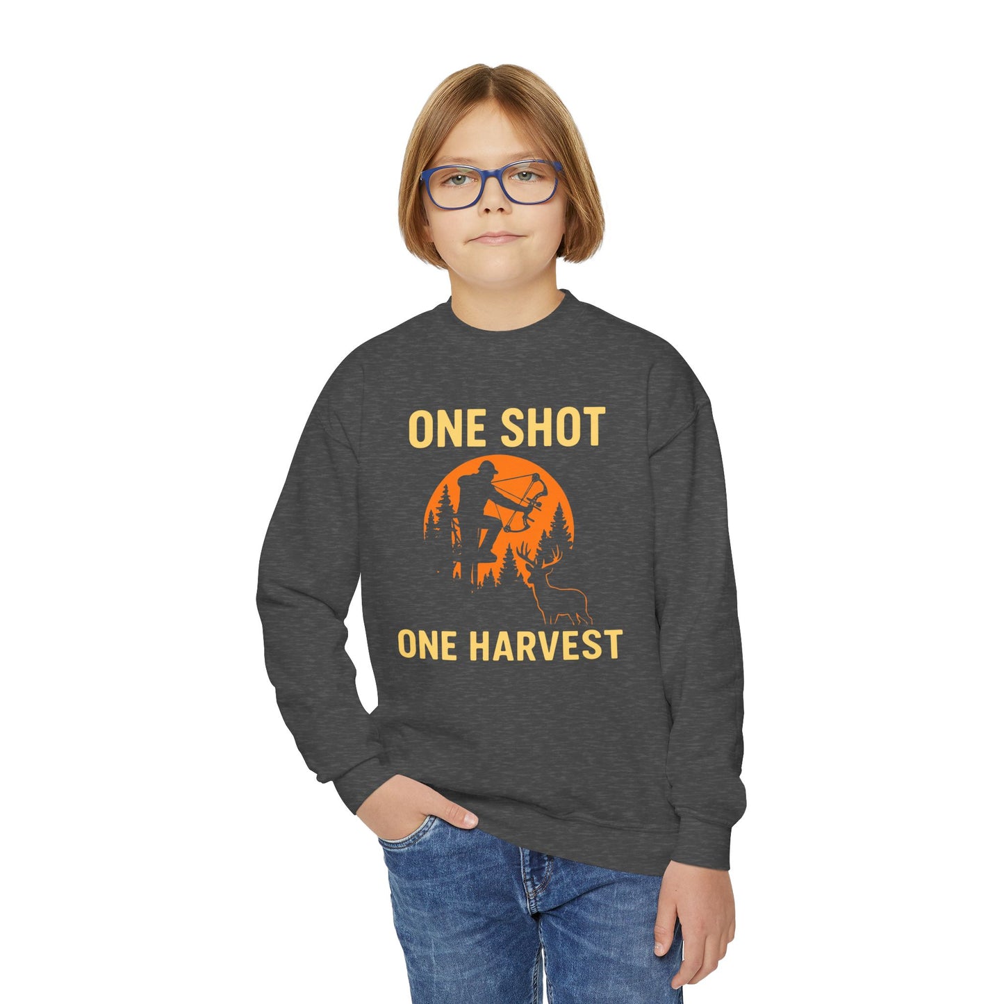 Hunting Vibes Youth Sweatshirt | One Shot One Harvest | Perfect for Young Outdoorsmen, Fall Gifts, Family Adventures, Sporty Style