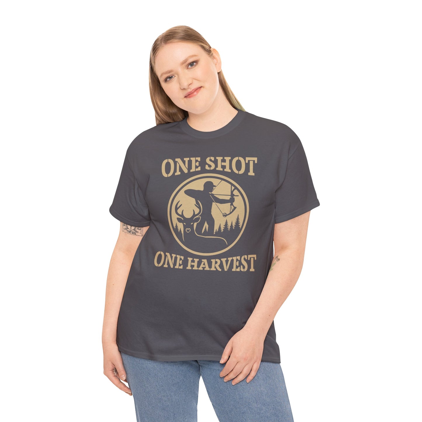 Hunting Tee, One Shot One Harvest Unisex Heavy Cotton Shirt, Outdoor Adventure Wear, Gift for Hunters, Camping Apparel, Fall Sportswear