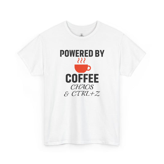 Powered By Coffee Chaos And CTRL+Z Unisex T-Shirt | Funny Coffee Lover Shirt, Perfect Office Gift, Casual Wear, Everyday Humor