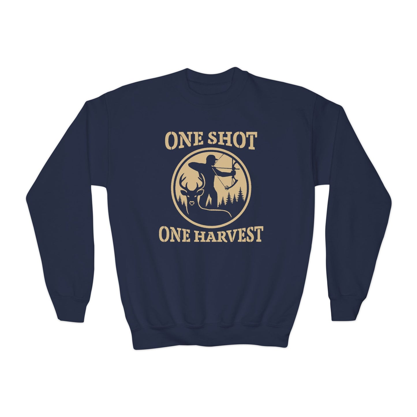 Youth Hunting Sweatshirt, Cozy Outdoor Apparel, Perfect for Fall, Gifts for Young Hunters, One Shot One Harvest Design