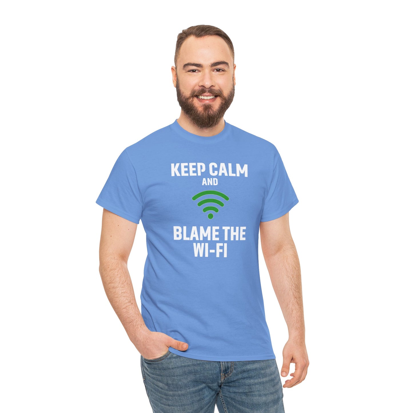 Keep Calm Blame the Wi-Fi Tee, Funny Unisex Heavy Cotton Tee, Perfect for Tech Lovers, Office Gifts, Internet Humor Shirt