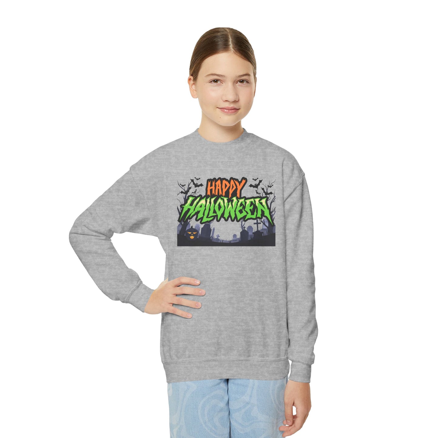 Happy Halloween Youth Crewneck Sweatshirt, Cute Halloween Gift, Spooky Sweatshirt, Fall Fashion, Kids Halloween Apparel