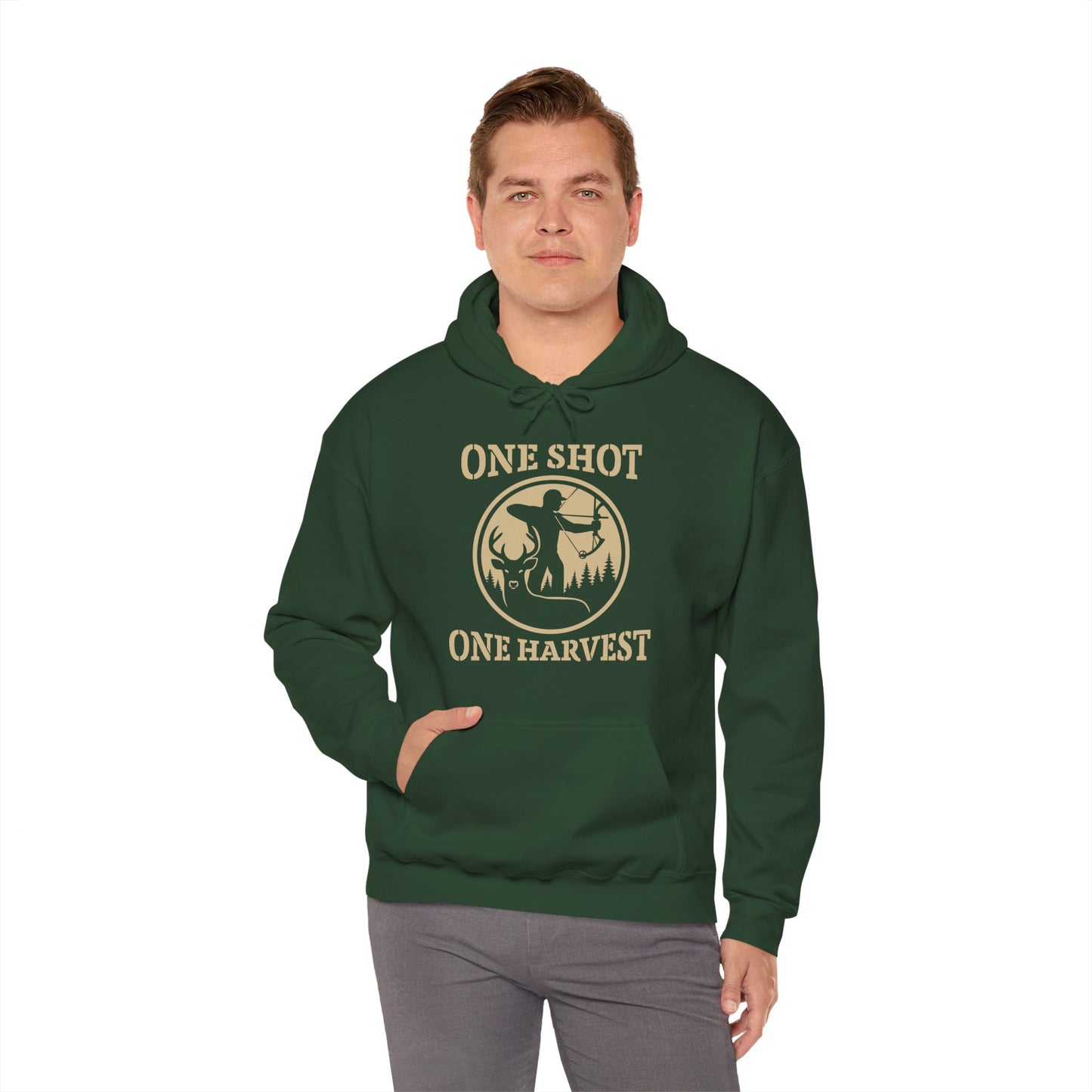 Hunting Themed Unisex Hoodie, Perfect for Bow Hunters, Fall Gatherings, Gifts, Cozy Layering, One Shot One Harvest Design