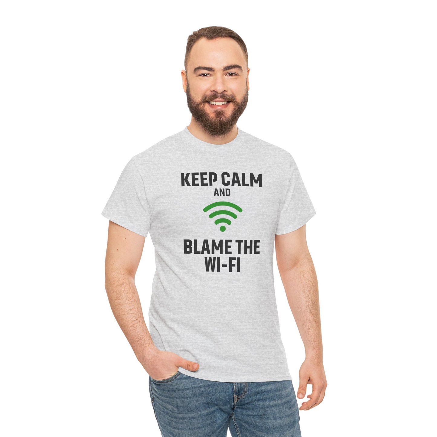 Keep Calm Blame the Wi-Fi Tee | Unisex Heavy Cotton Shirt for Tech Lovers, Funny Office Gift, Internet Humor Apparel, Casual Wear