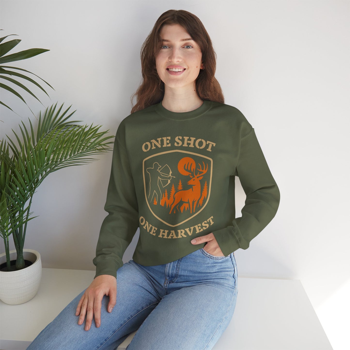 Outdoor Hunting Sweatshirt, Perfect for Hunters, One Shot One Harvest Gift, Cozy Fall Apparel, Classic Crewneck