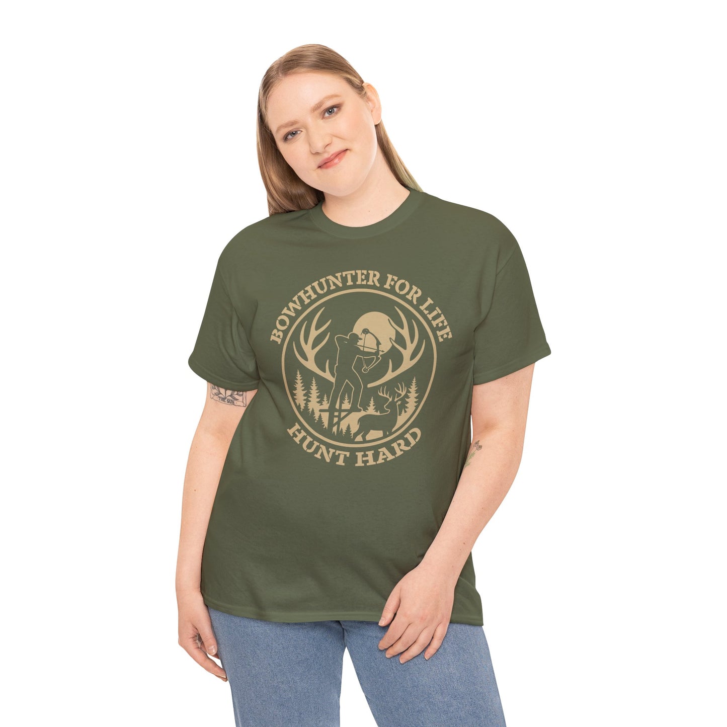 Unisex Heavy Cotton Tee featuring 'Bowhunter for Life - Hunt Hard' Graphic, Perfect for Hunters, Outdoor Enthusiasts