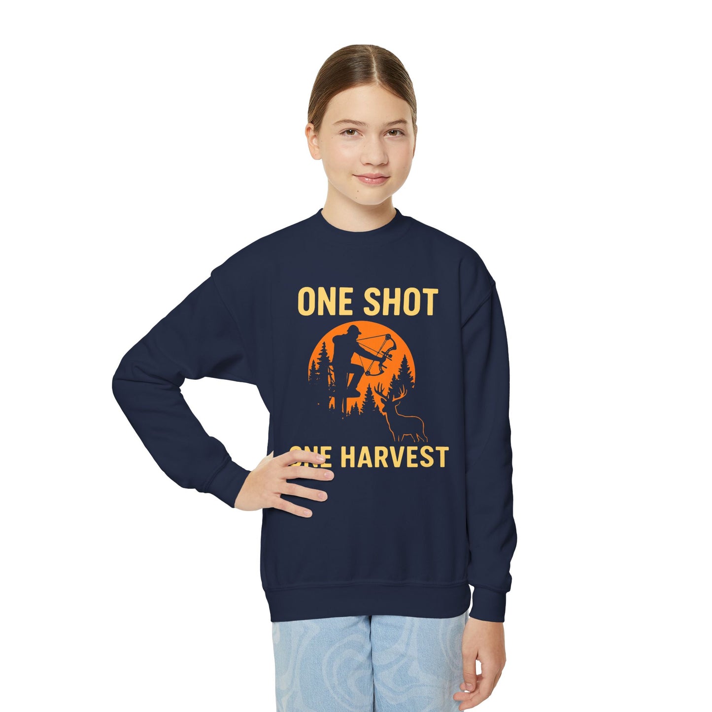 Hunting Vibes Youth Sweatshirt | One Shot One Harvest | Perfect for Young Outdoorsmen, Fall Gifts, Family Adventures, Sporty Style