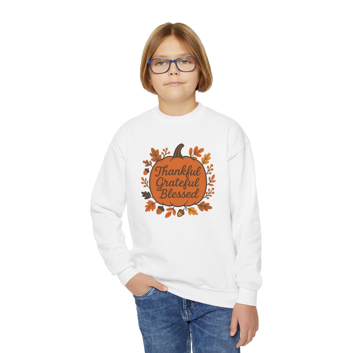 Youth Fall Sweatshirt, Thankful Grateful Blessed, Cozy Autumn Wear, Thanksgiving Gift, Family Gathering Outfit