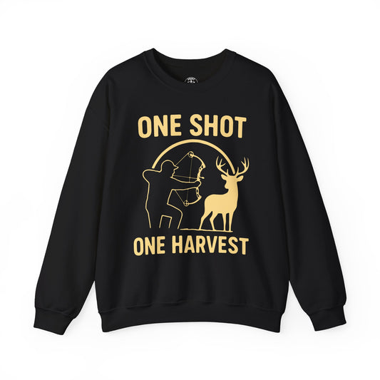Hunting-Themed Crewneck Sweatshirt, Outdoor Apparel, Gift for Hunters, Fall Fashion, Men's Sweatshirt, One Shot One Harvest