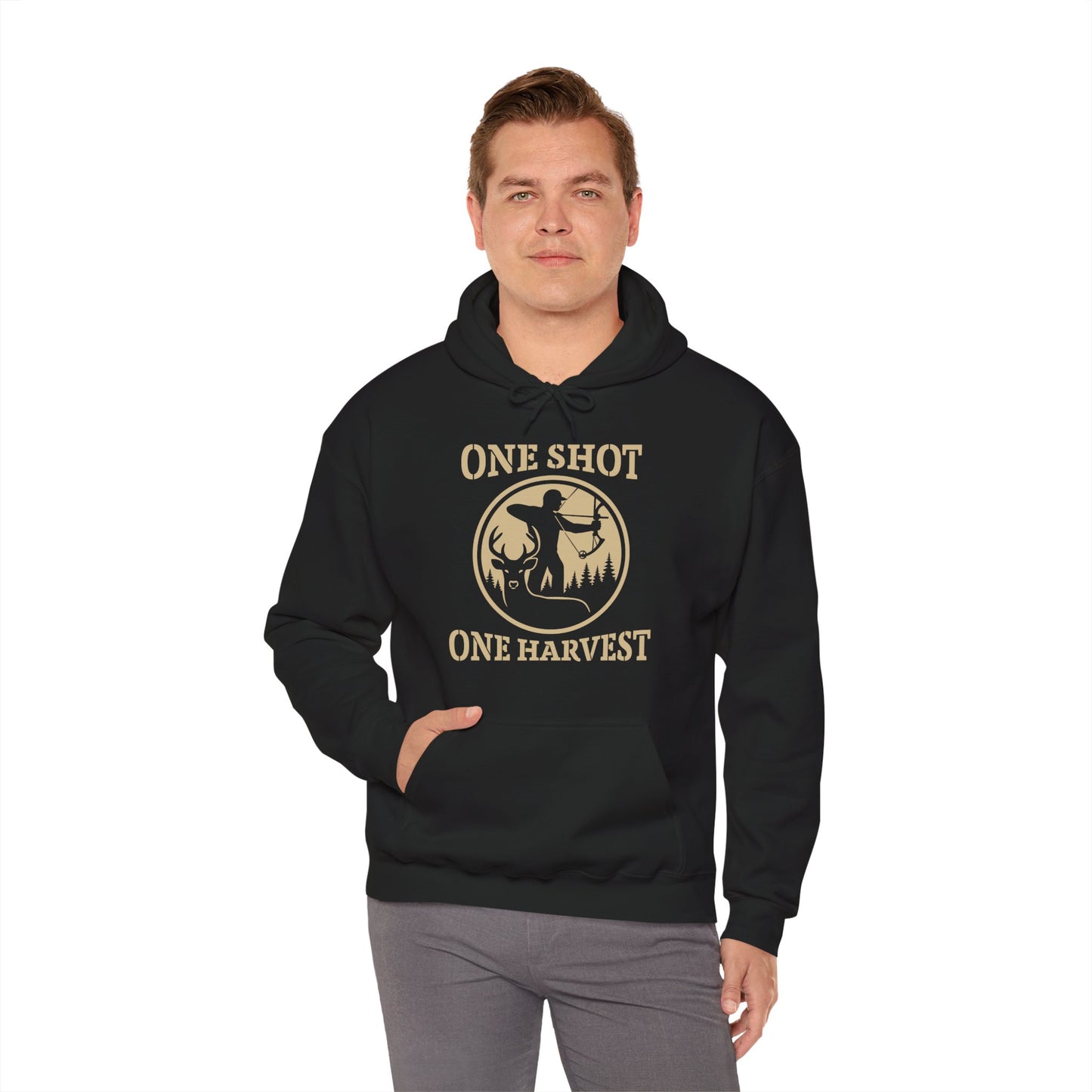 Hunting Themed Unisex Hoodie, Perfect for Bow Hunters, Fall Gatherings, Gifts, Cozy Layering, One Shot One Harvest Design