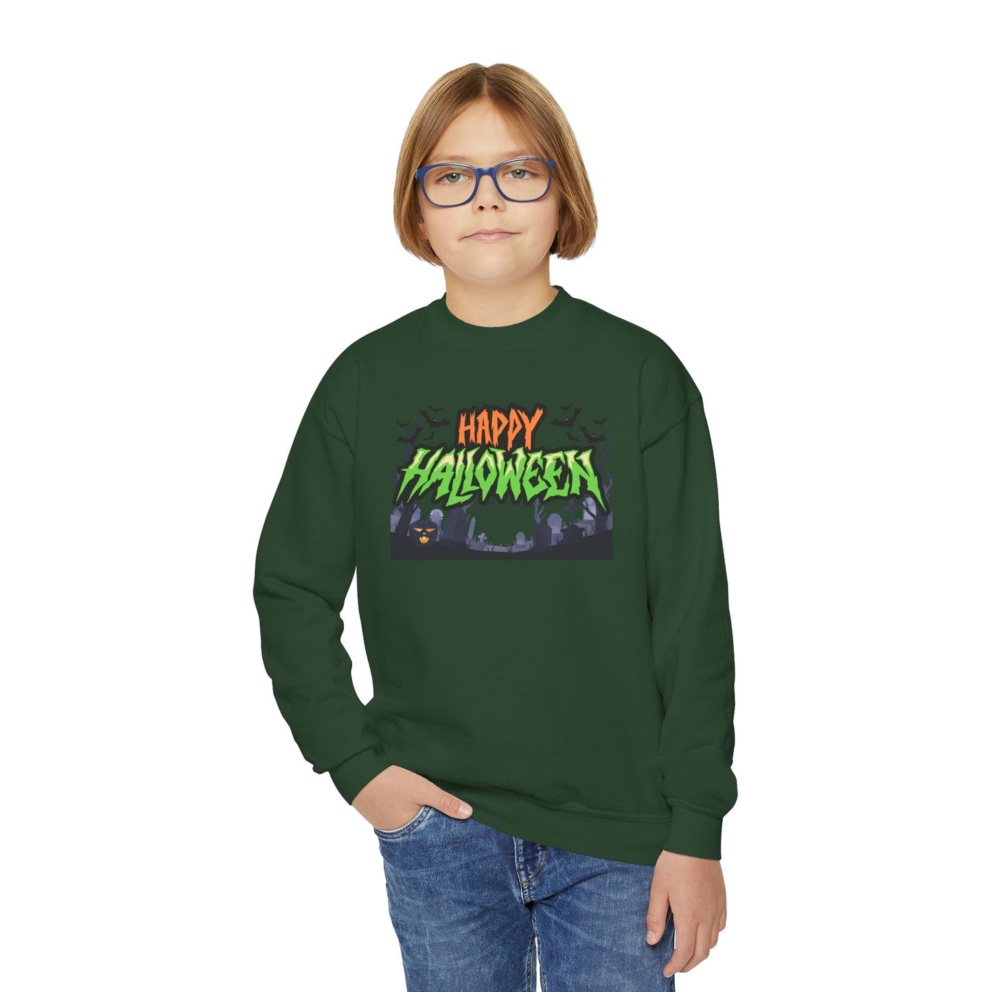 Happy Halloween Youth Crewneck Sweatshirt, Cute Halloween Gift, Spooky Sweatshirt, Fall Fashion, Kids Halloween Apparel