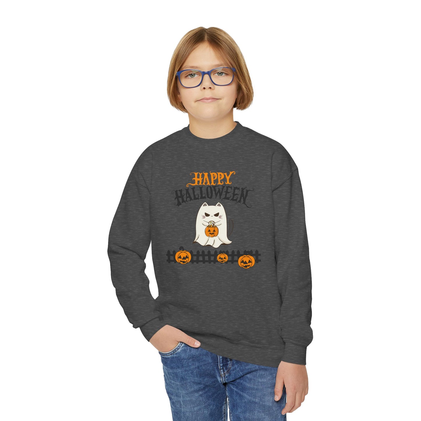 Happy Halloween Youth Sweatshirt, Cozy Kids Crewneck for Halloween, Pumpkin Design, Fall Fashion, Trick or Treat, Children's Sweater