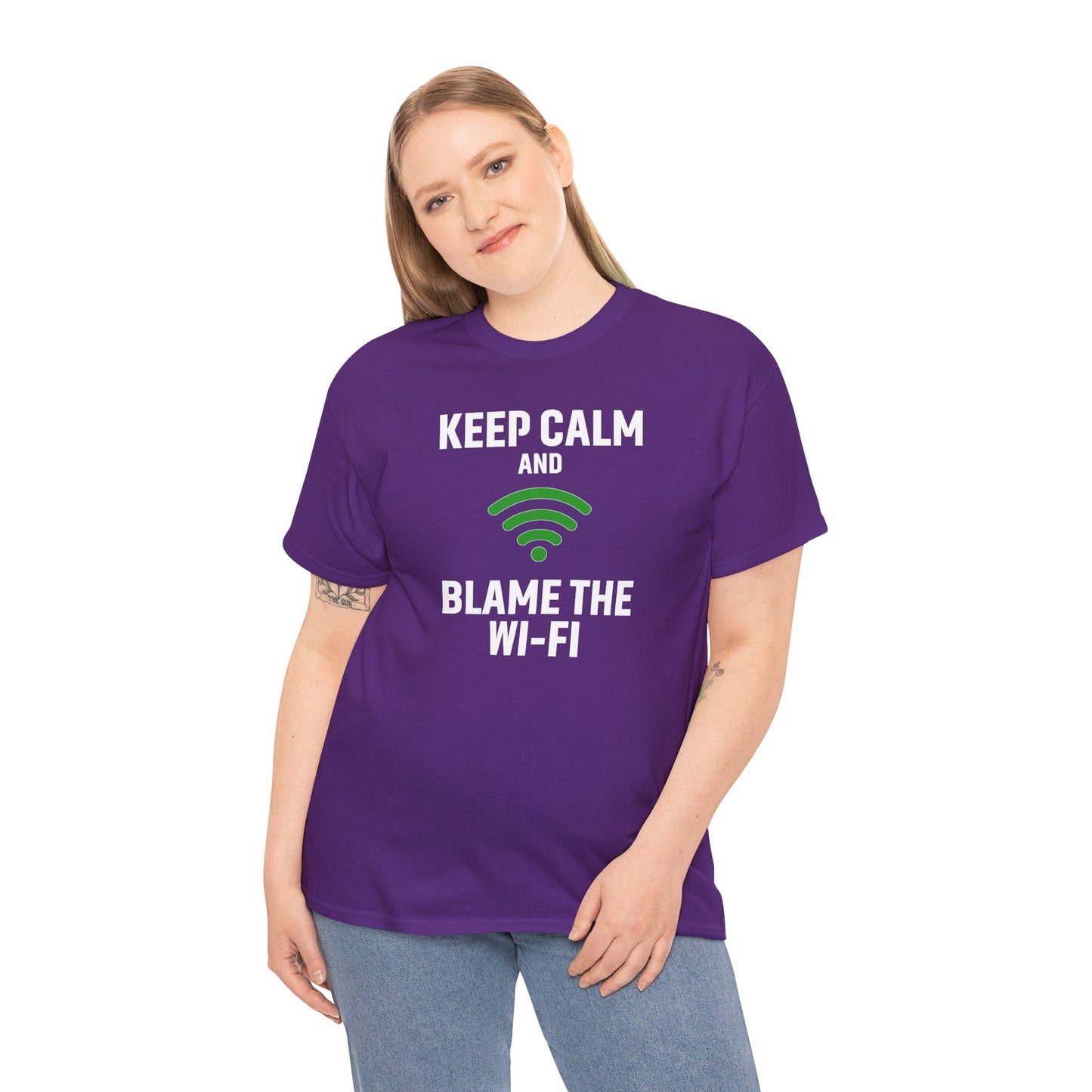 Keep Calm Blame the Wi-Fi Tee, Funny Unisex Heavy Cotton Tee, Perfect for Tech Lovers, Office Gifts, Internet Humor Shirt
