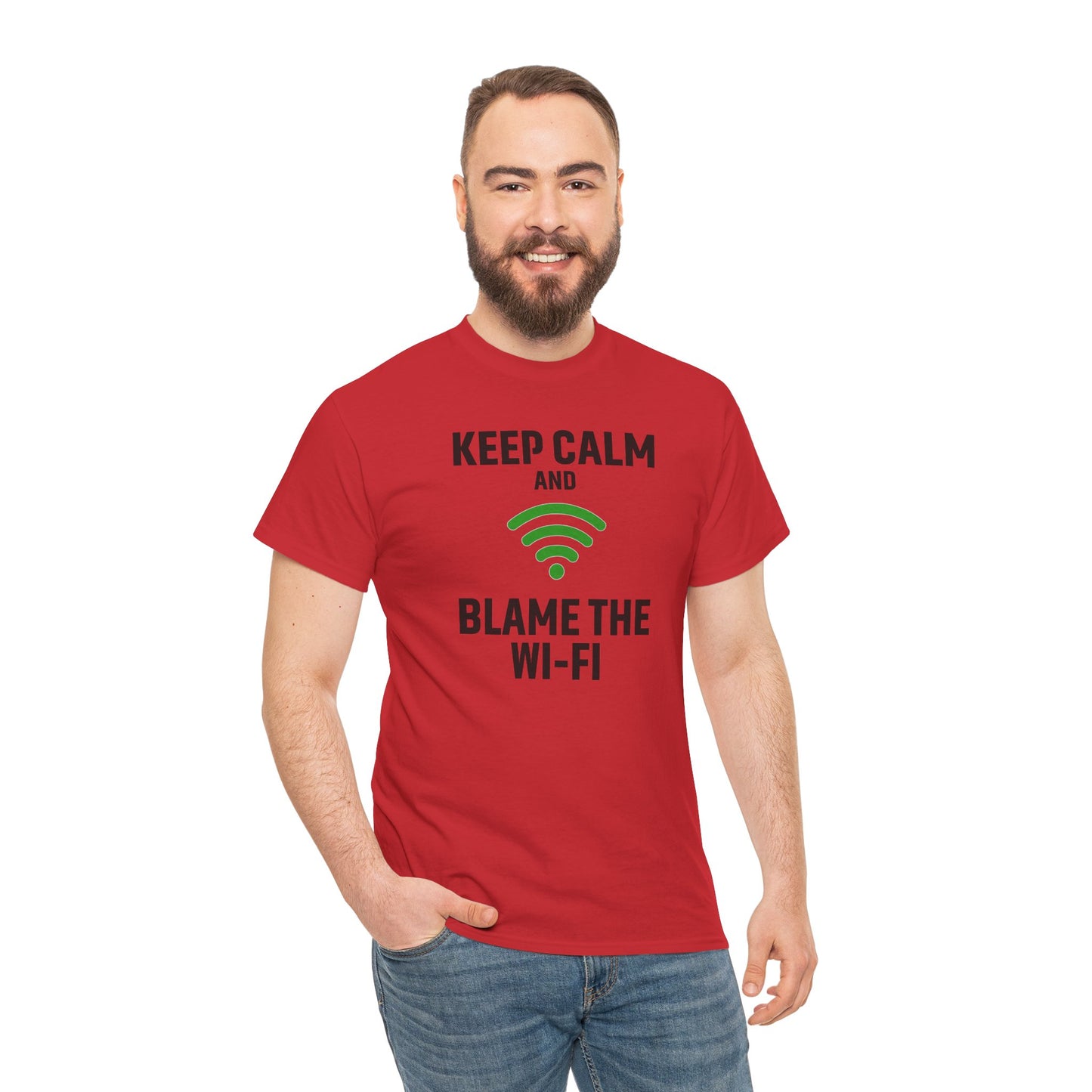Keep Calm Blame the Wi-Fi Tee | Unisex Heavy Cotton Shirt for Tech Lovers, Funny Office Gift, Internet Humor Apparel, Casual Wear