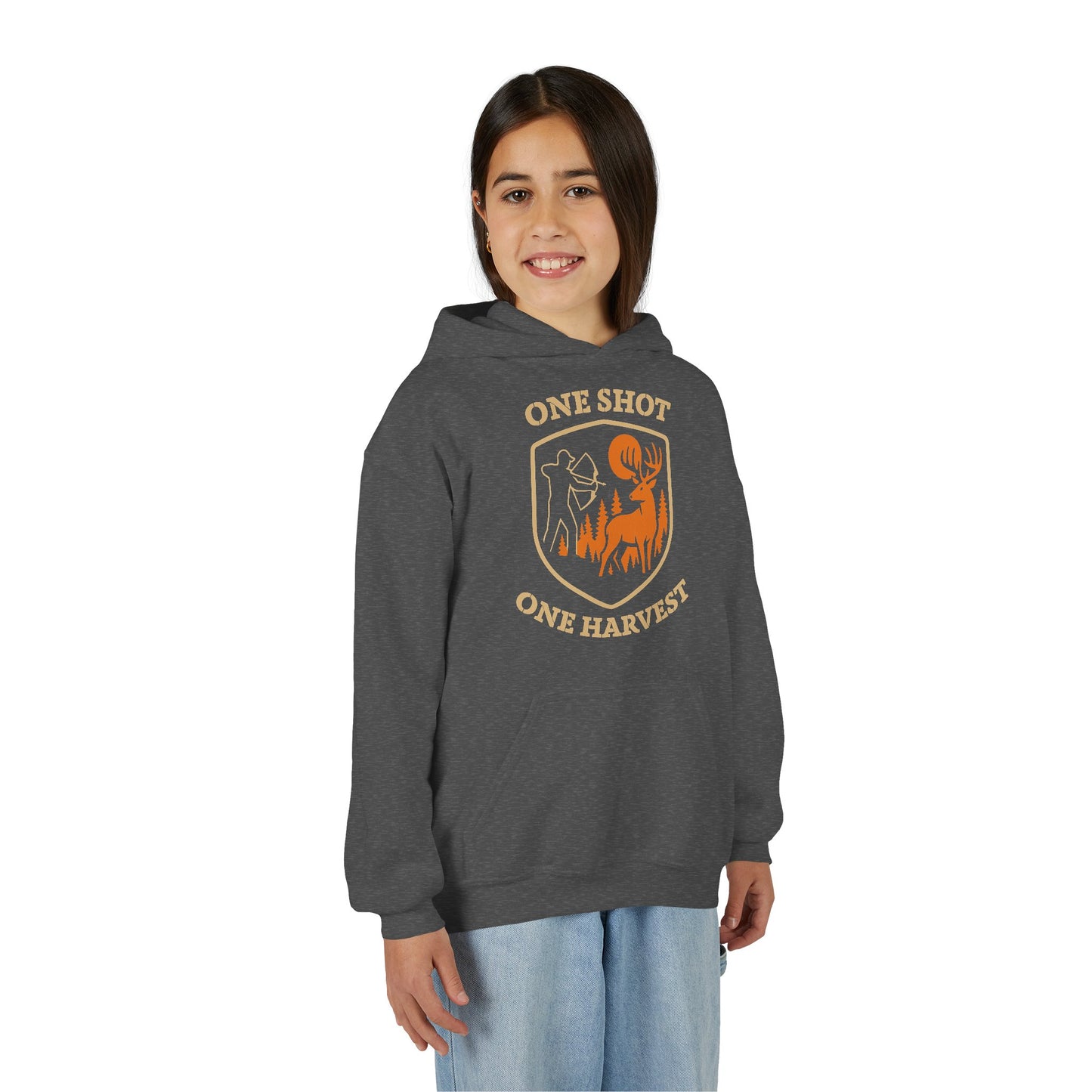 Hunting-themed Youth Hoodie, One Shot One Harvest Sweatshirt, Outdoor Gift for Teens, Fall Fashion for Kids, Perfect for Thanksgiving