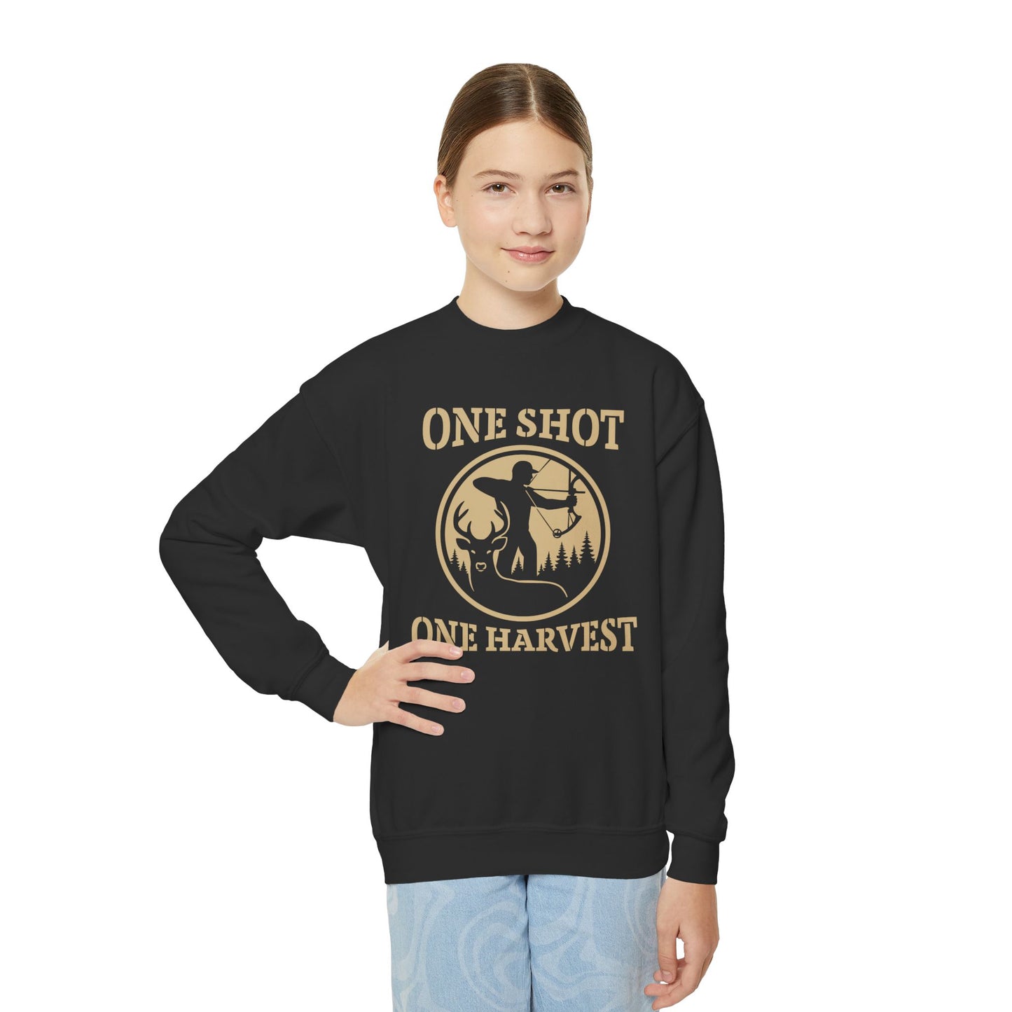 Youth Hunting Sweatshirt, Cozy Outdoor Apparel, Perfect for Fall, Gifts for Young Hunters, One Shot One Harvest Design