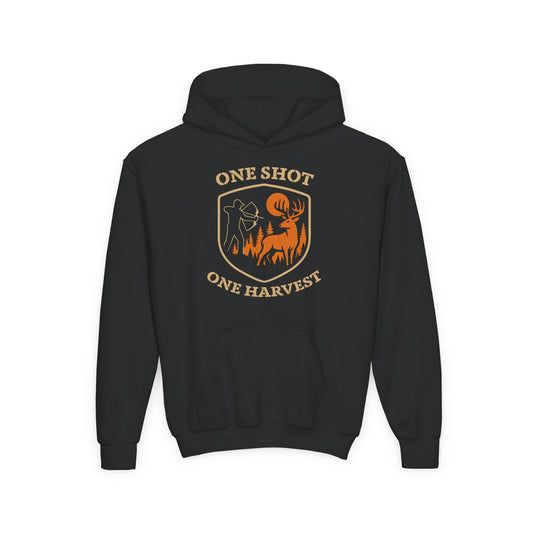 Hunting-themed Youth Hoodie, One Shot One Harvest Sweatshirt, Outdoor Gift for Teens, Fall Fashion for Kids, Perfect for Thanksgiving
