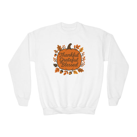 Youth Fall Sweatshirt, Thankful Grateful Blessed, Cozy Autumn Wear, Thanksgiving Gift, Family Gathering Outfit