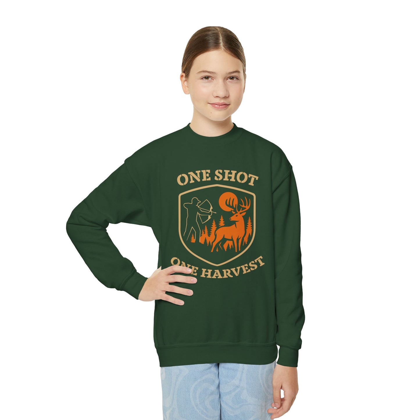 Youth Hunting Sweatshirt, One Shot One Harvest, Perfect Gift for Young Hunters, Outdoor Sportswear, Fall and Winter Apparel