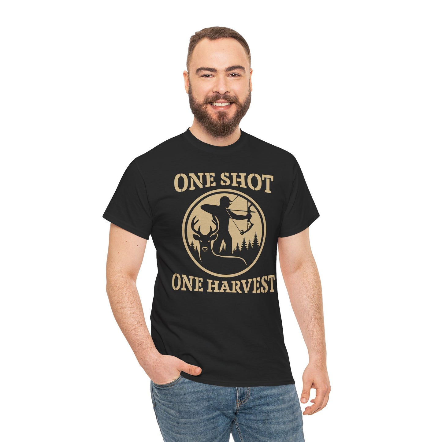 Hunting Tee, One Shot One Harvest Unisex Heavy Cotton Shirt, Outdoor Adventure Wear, Gift for Hunters, Camping Apparel, Fall Sportswear