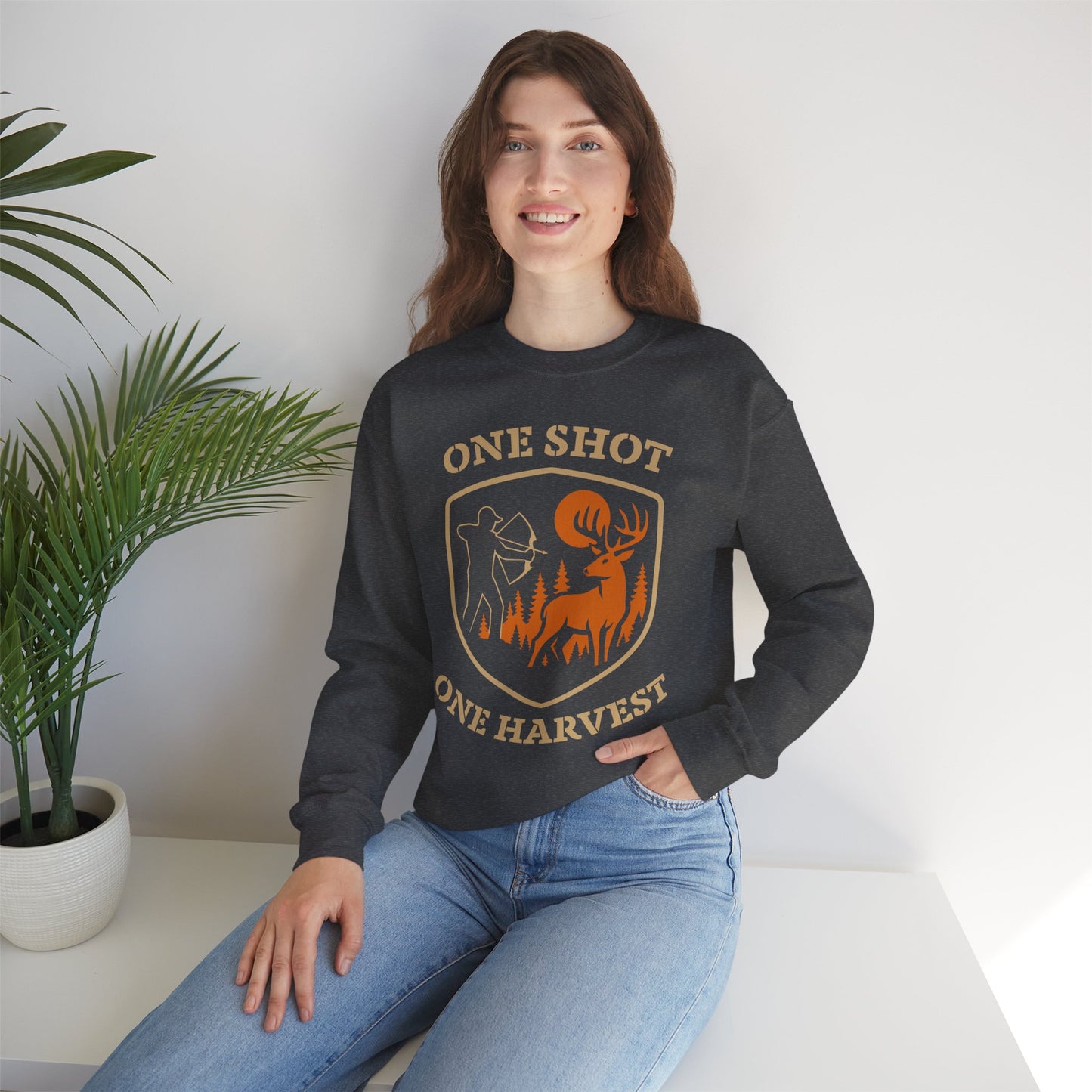Outdoor Hunting Sweatshirt, Perfect for Hunters, One Shot One Harvest Gift, Cozy Fall Apparel, Classic Crewneck