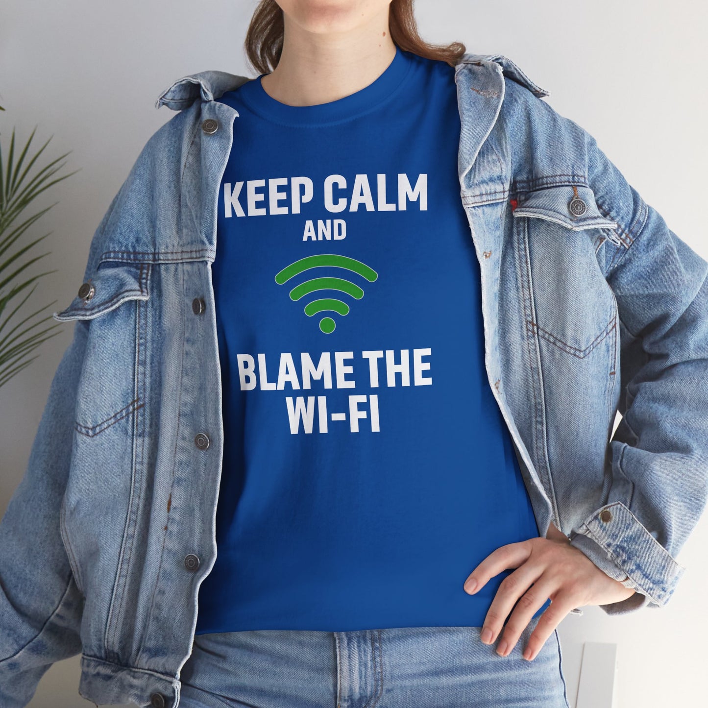 Keep Calm Blame the Wi-Fi Tee, Funny Unisex Heavy Cotton Tee, Perfect for Tech Lovers, Office Gifts, Internet Humor Shirt