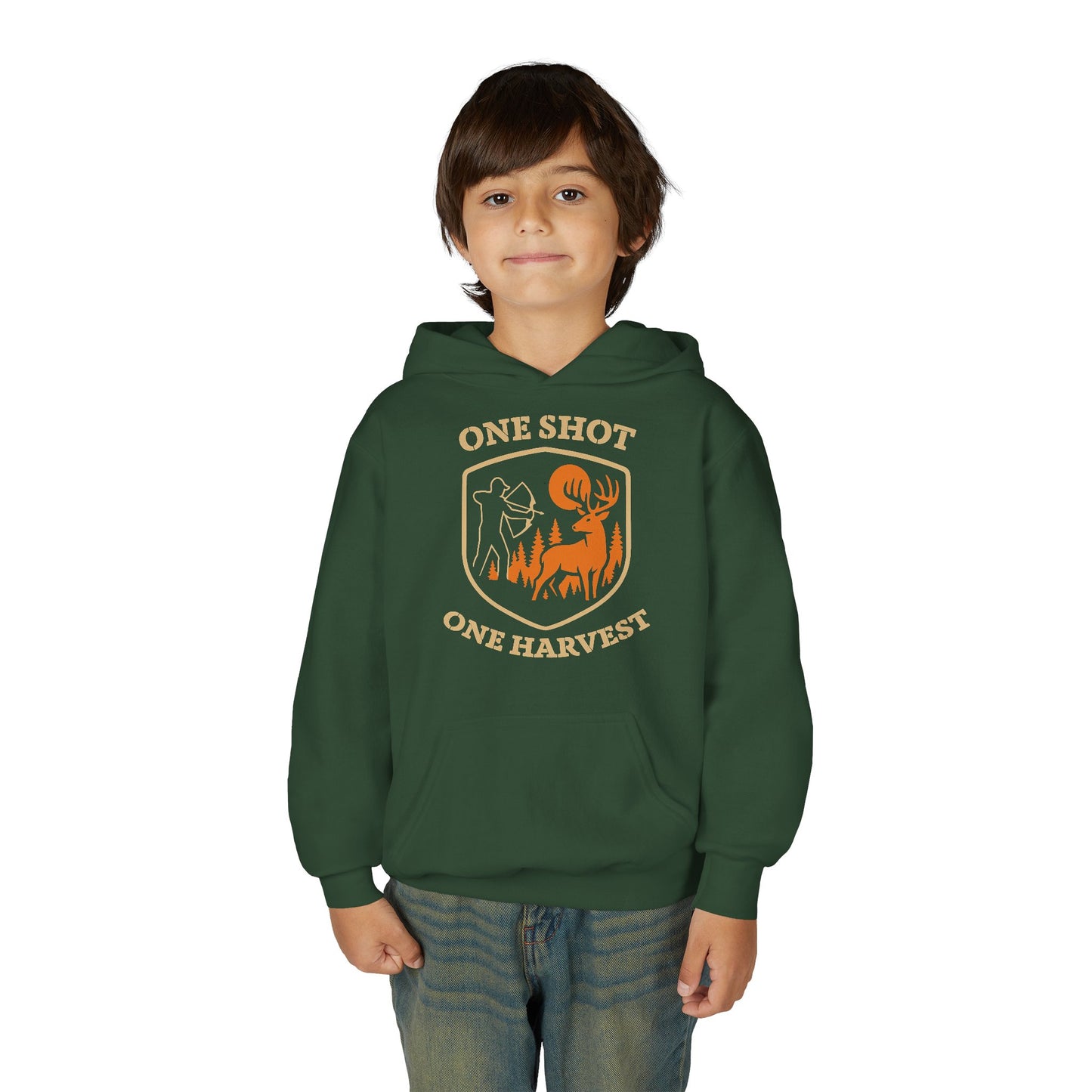Hunting-themed Youth Hoodie, One Shot One Harvest Sweatshirt, Outdoor Gift for Teens, Fall Fashion for Kids, Perfect for Thanksgiving