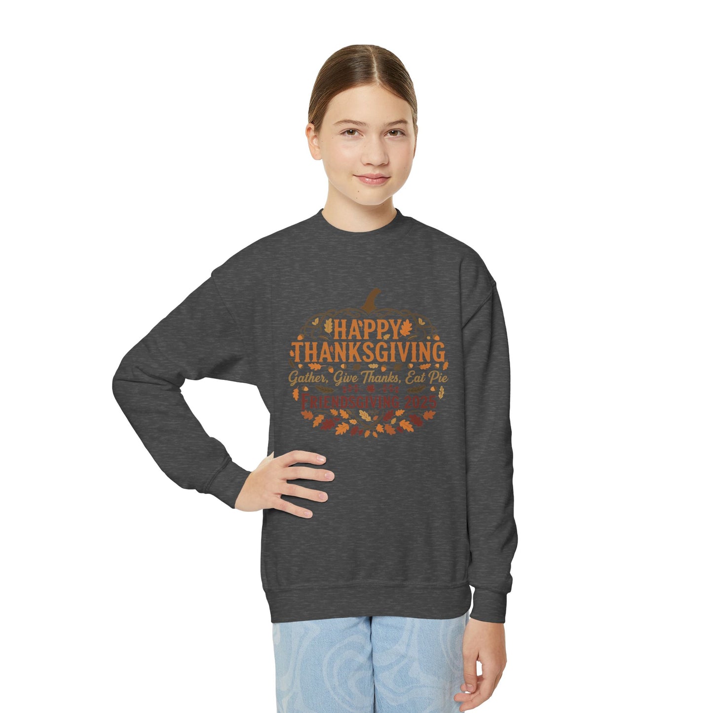 Happy Thanksgiving Youth Crewneck Sweatshirt, Fall Apparel, Pumpkin Design, Cozy Gift, Friendsgiving 2025