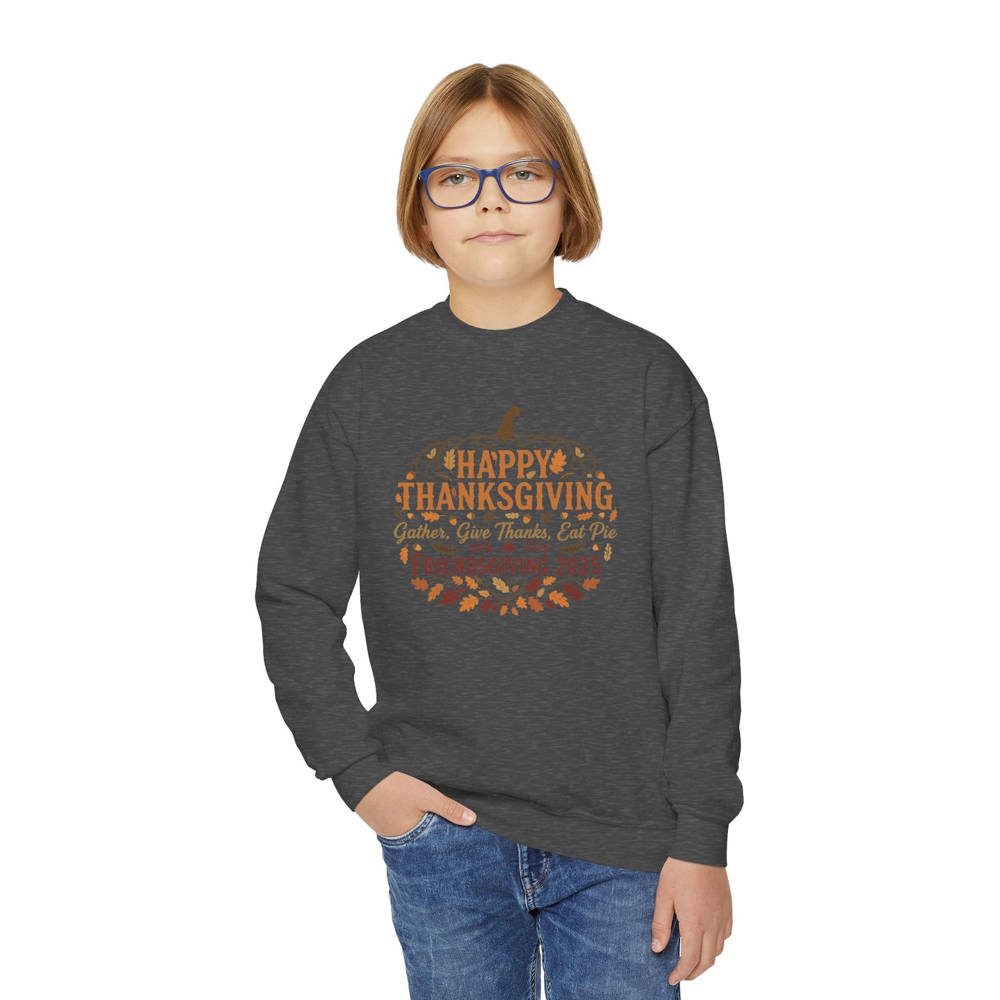 Happy Thanksgiving Youth Crewneck Sweatshirt, Fall Apparel, Pumpkin Design, Cozy Gift, Friendsgiving 2025